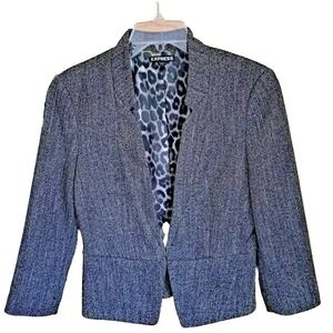 Express Blazer Women's 6 Gray Herringbone Hook Front 3/4 Sleeves Fitted Jacket